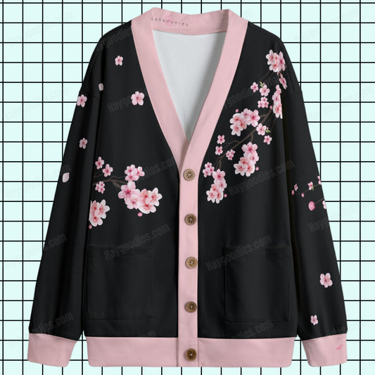 Sakura Cherry Blossoms Unisex Knitted Fleece Cardigan With Button Closure