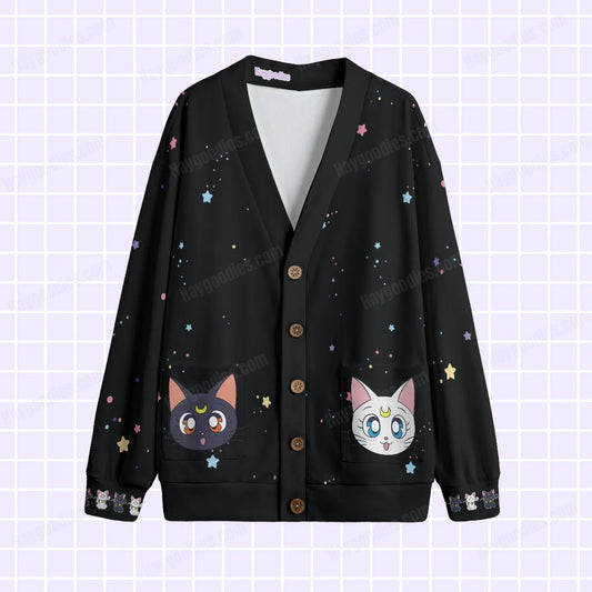 Cute Anime Moon Cats Unisex Knitted Fleece Cardigan With Button Closure