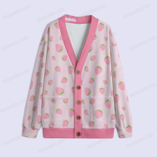 Cute Pink Strawberry Pattern Unisex Knitted Fleece Lined Cardigan-S to 5XL