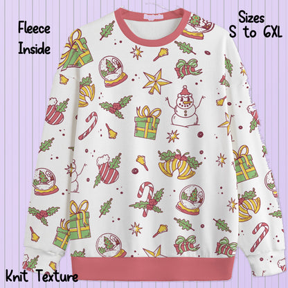 Cute Retro Christmas Pattern Knit Fleece Lined Oversized Sweater- S to 6XL- Green or Red