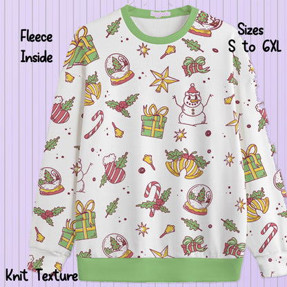Cute Retro Christmas Pattern Knit Fleece Lined Oversized Sweater- S to 6XL- Green or Red