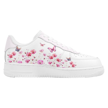 Pink Butterflies and Flowers Women's Sizes Low Top Leather Shoes