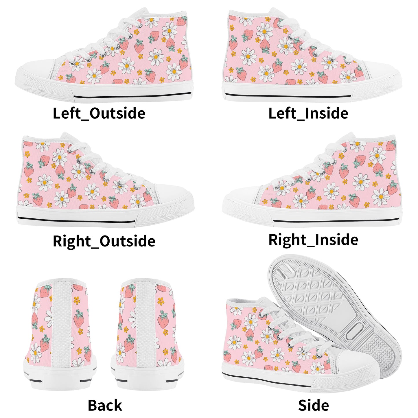 Cute Pink Strawberry and Daisies Kids High Top Canvas Shoes