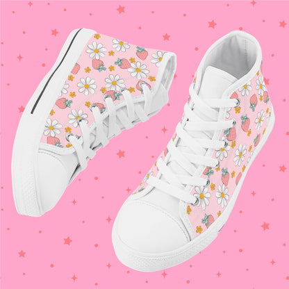 Cute Pink Strawberry and Daisies Kids High Top Canvas Shoes