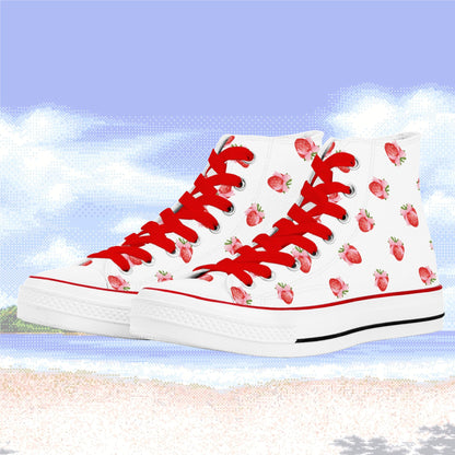 Cute Strawberry Pattern High Top Canvas Shoes With Pink or Red Laces