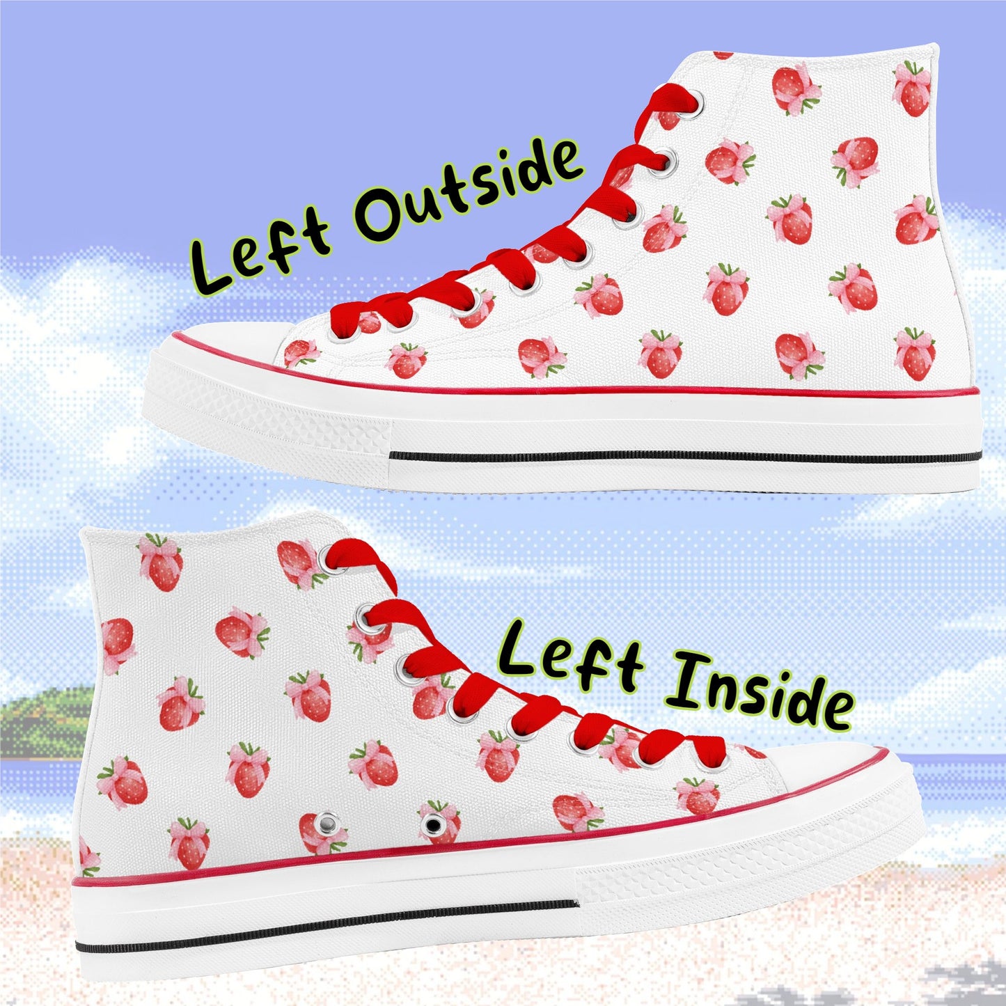 Cute Strawberry Pattern High Top Canvas Shoes With Pink or Red Laces