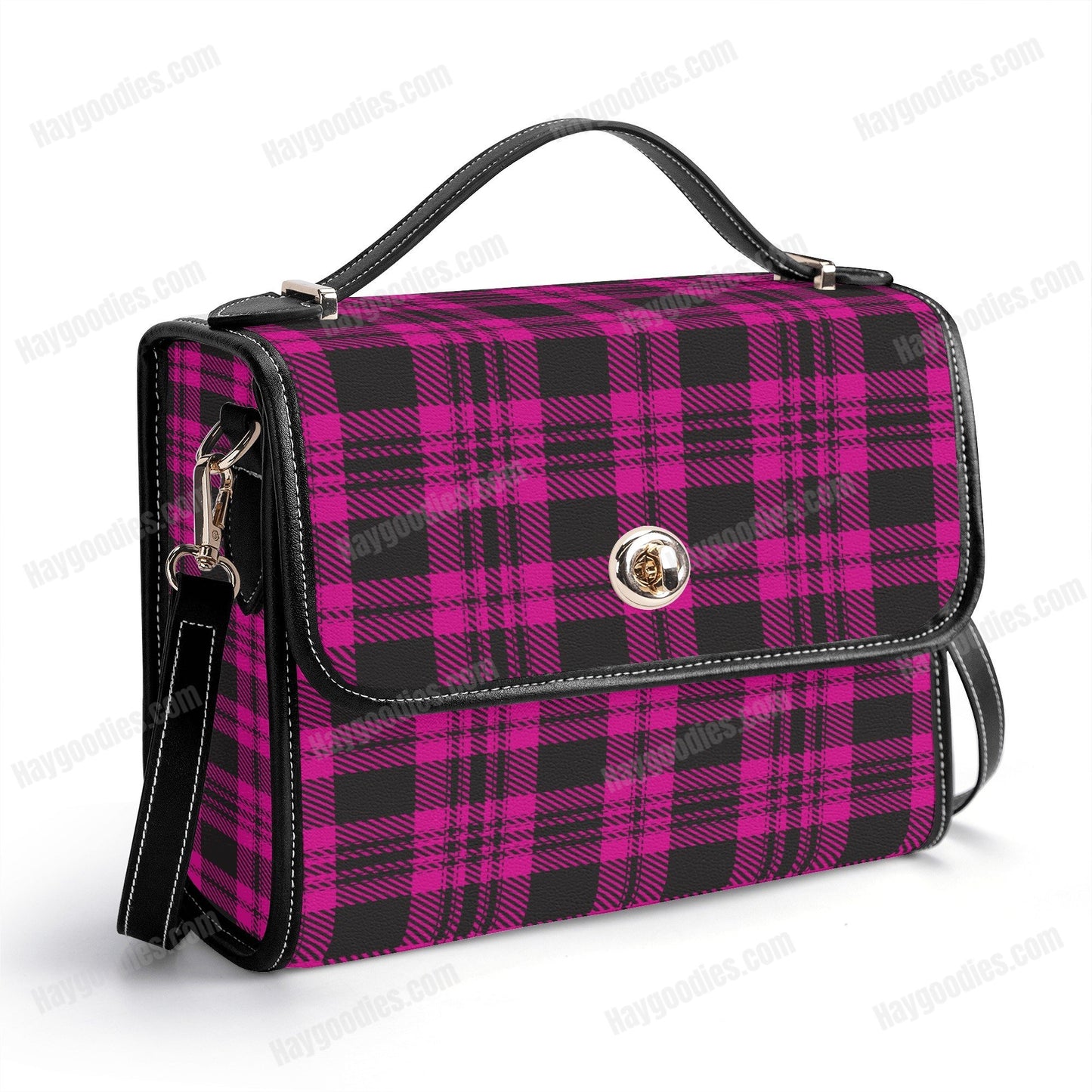 Pink and Black Plaid Pattern PU Leather Satchel Bag