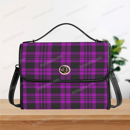 Purple and Black Plaid Pattern PU Leather Satchel Bag