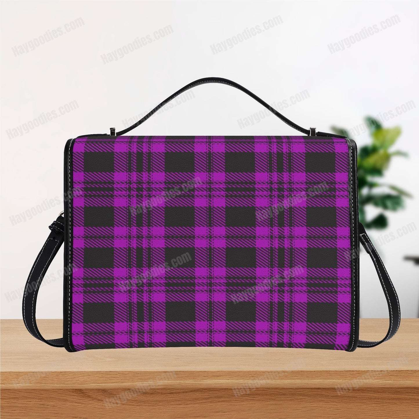 Purple and Black Plaid Pattern PU Leather Satchel Bag