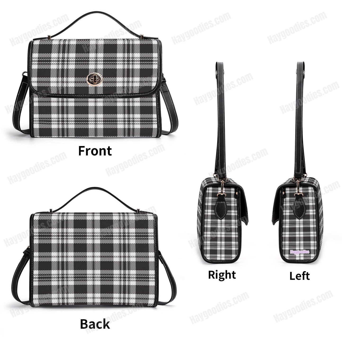 White and Black Plaid Pattern PU Leather Satchel Bag