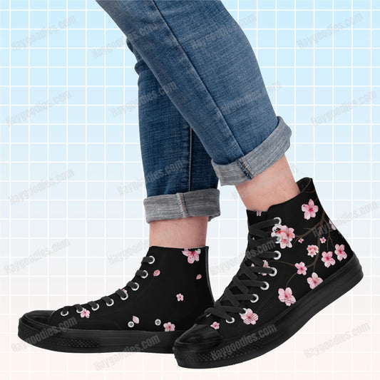 Sakura Cherry Blossoms Black High Top Canvas Shoes