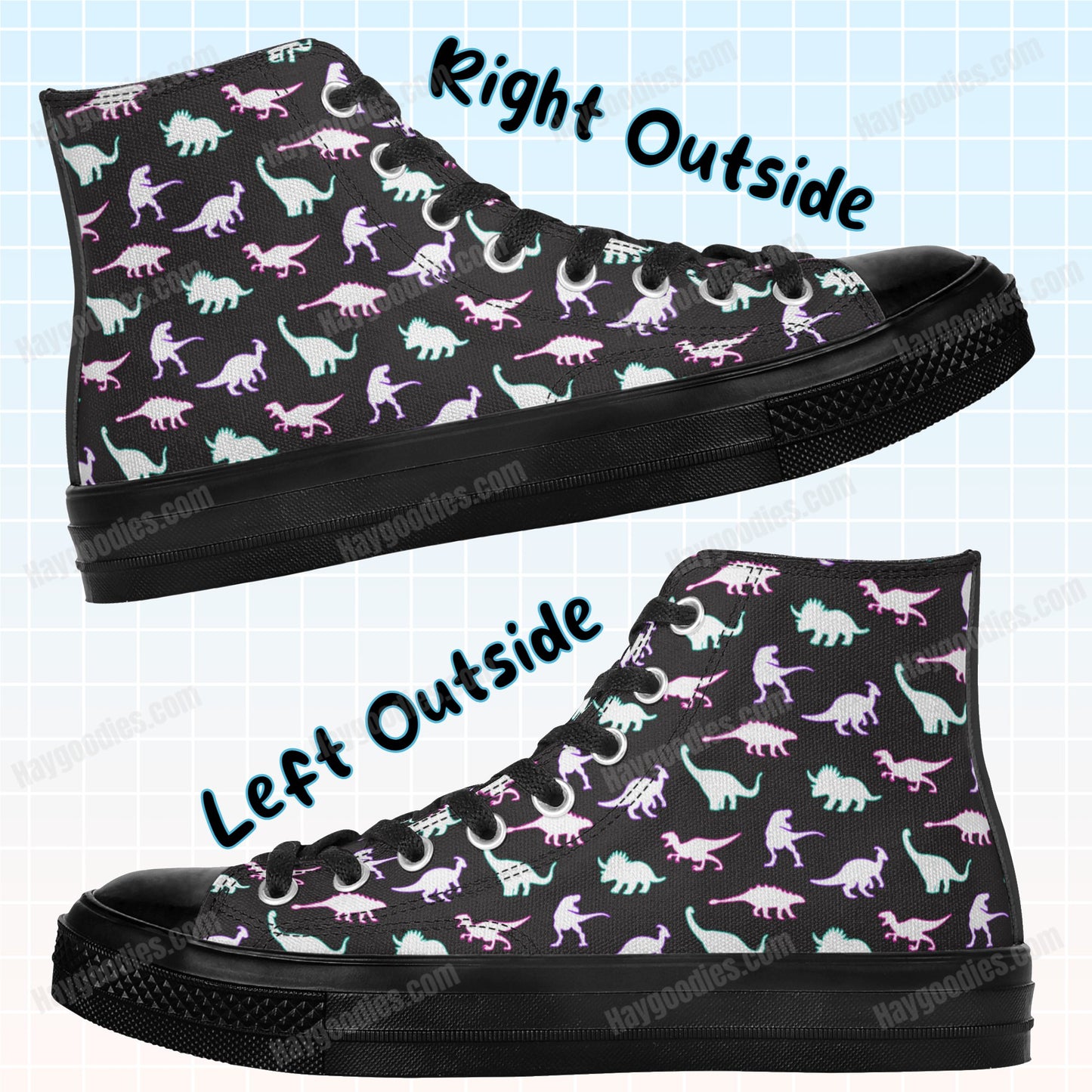 Neon Dinosaur Pattern Black High Top Canvas Shoes-Men's Sizes