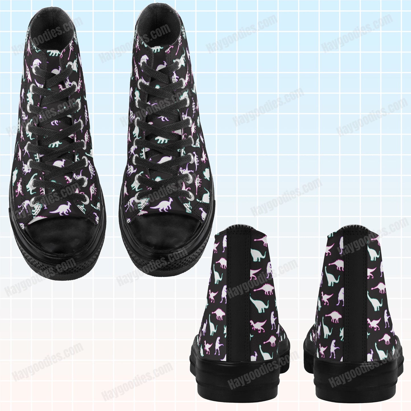 Neon Dinosaur Pattern Black High Top Canvas Shoes-Men's Sizes