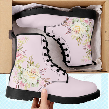 Pastel Pink Floral PU Leather Boots
