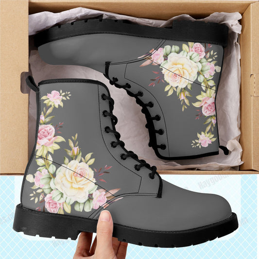 Grey Floral PU  Leather Boots - HayGoodies - Boots