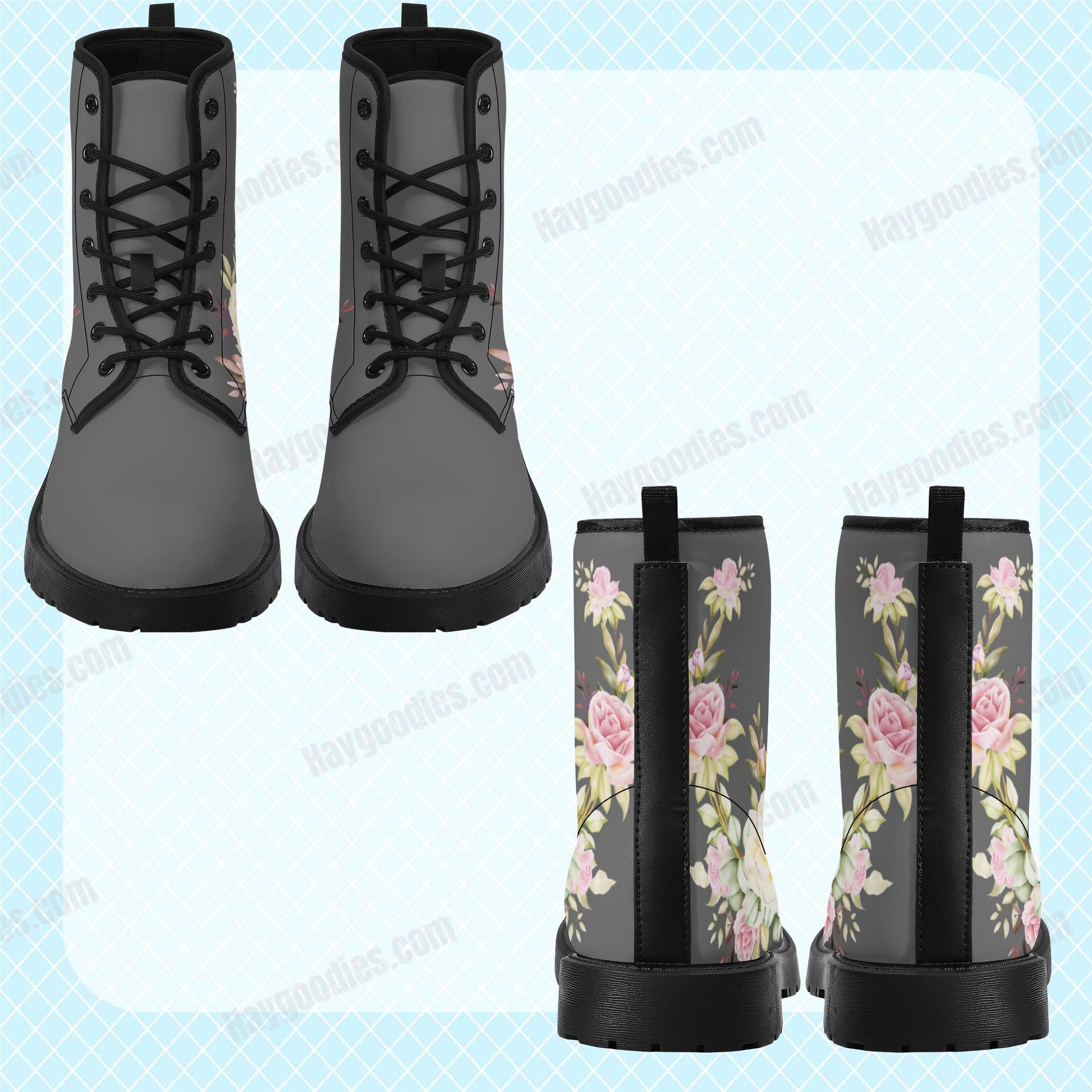 Grey Floral PU  Leather Boots - HayGoodies - Boots