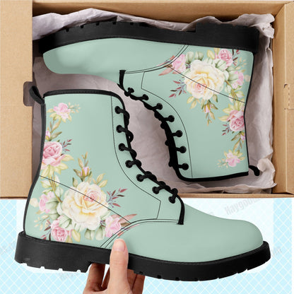 Pastel Mint Floral PU Leather Boots