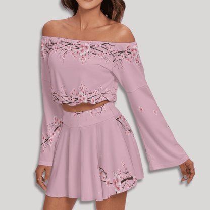 Pink Sakura Cherry Blossom Off-Shoulder Top and Skirt Set-XS TO 2XL