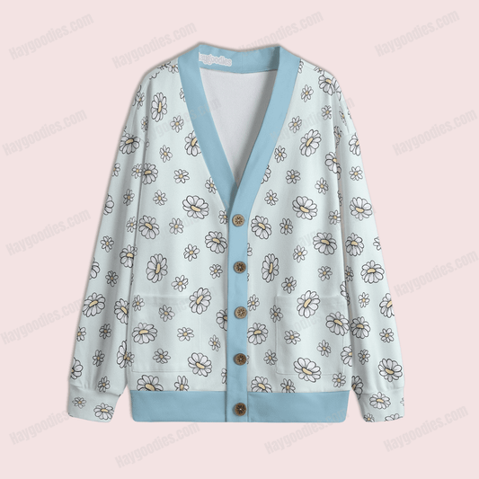 Cute Daisy and Blue Pattern Unisex Knitted Fleece Lined Cardigan-S to 5XL