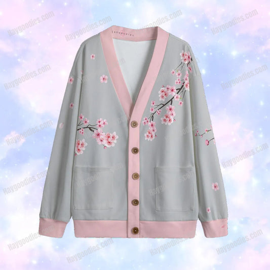 Sakura Cherry Blossoms Unisex Knitted Style Fleece Cardigan With Button Closure-Custom Made-S to 5XL