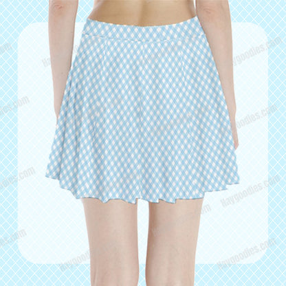 Baby Blue Gingham Pattern Pleated Mini Skirt-XS to 3XL
