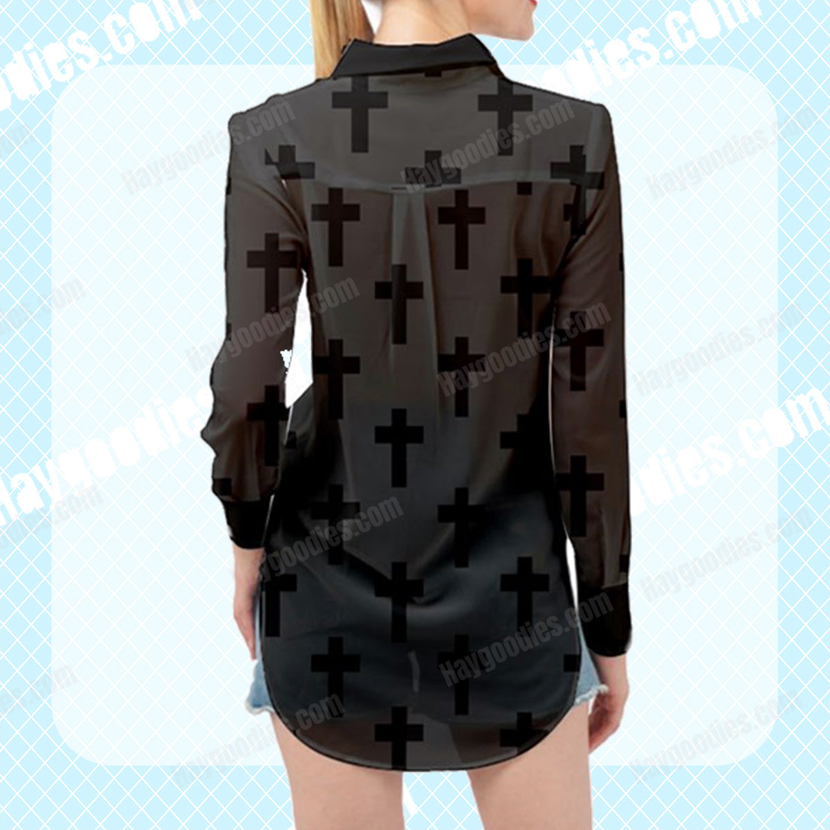 Black Cross Pattern Long Sleeve Chiffon Shirt-XS to 5XL