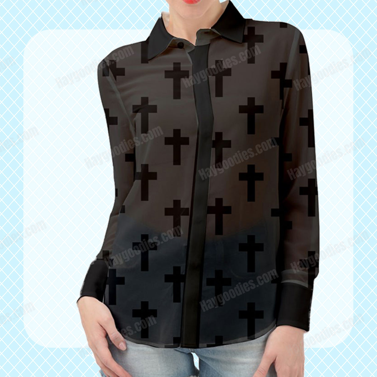 Black Cross Pattern Long Sleeve Chiffon Shirt-XS to 5XL