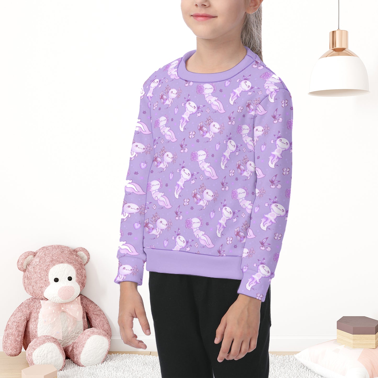 Lilac Cute Axolotls Kids Heavy Fleece Sweater