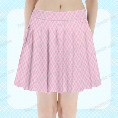 Pastel Pink Gingham Pleated Mini Skirt-XS to 3XL