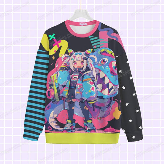 Kawaii Cute Neon Anime Girl and Her Monster Friend Unisex Knitted Sweater- S to 7XL