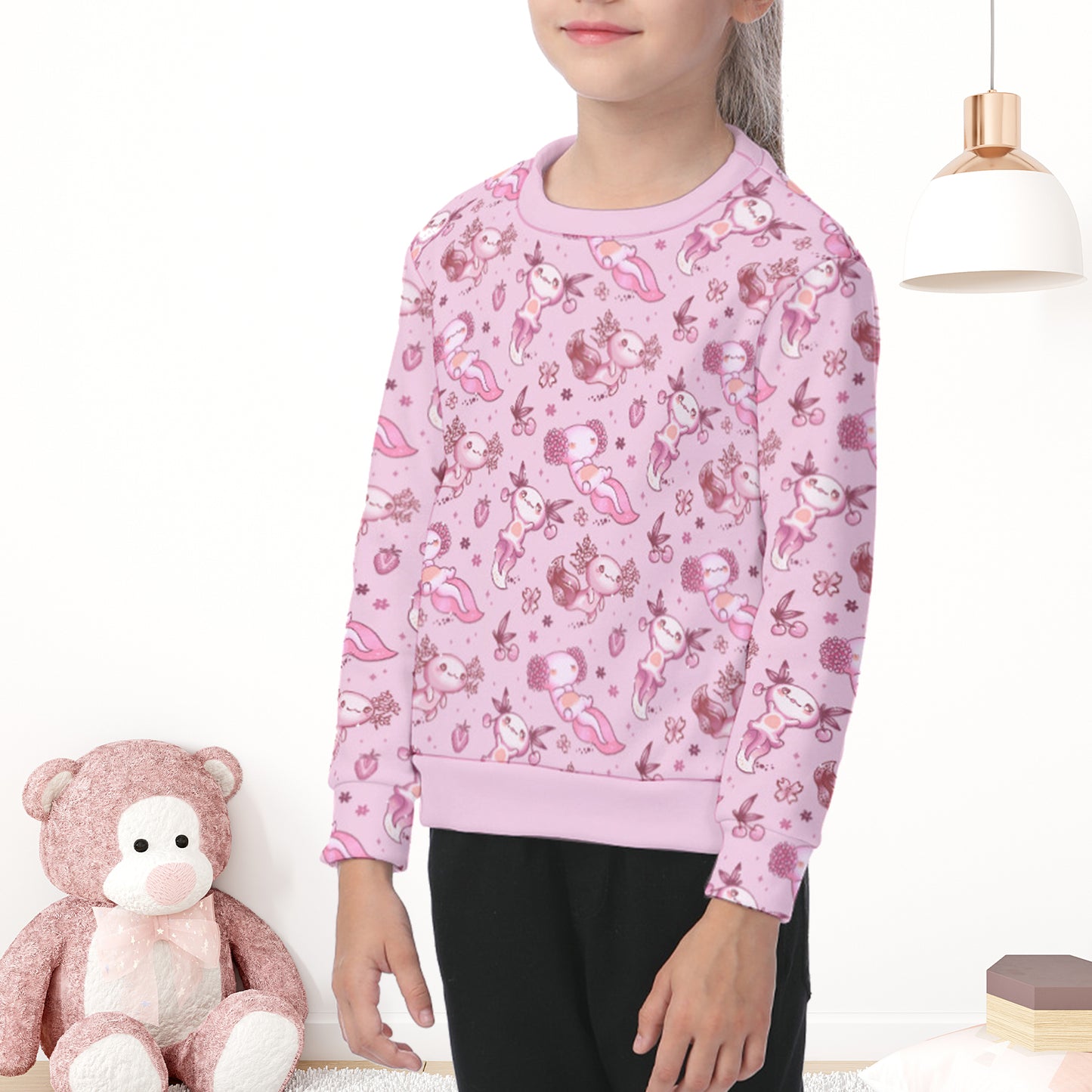 Cute Pink Axolotls Kids Heavy Fleece Sweater