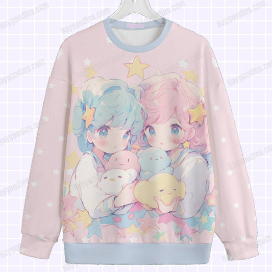 Pastel Sweet Pink and Blue Anime Girls Unisex Knitted Fleece Lined Oversized Sweater- S to 7XL