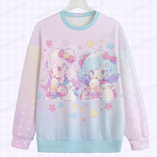 Pastel Sweet Pink and Blue Anime Girls Unisex Knit Sweater- S to 7XL