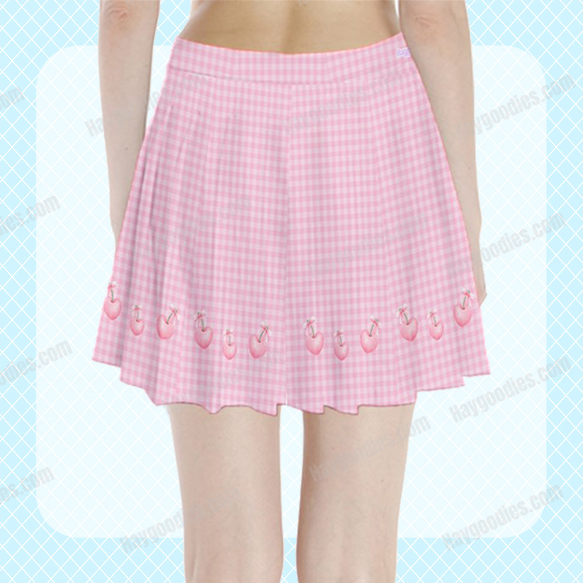 Pink Cherries Gingham Pattern Pleated Mini Skirt-XS TO 3XL
