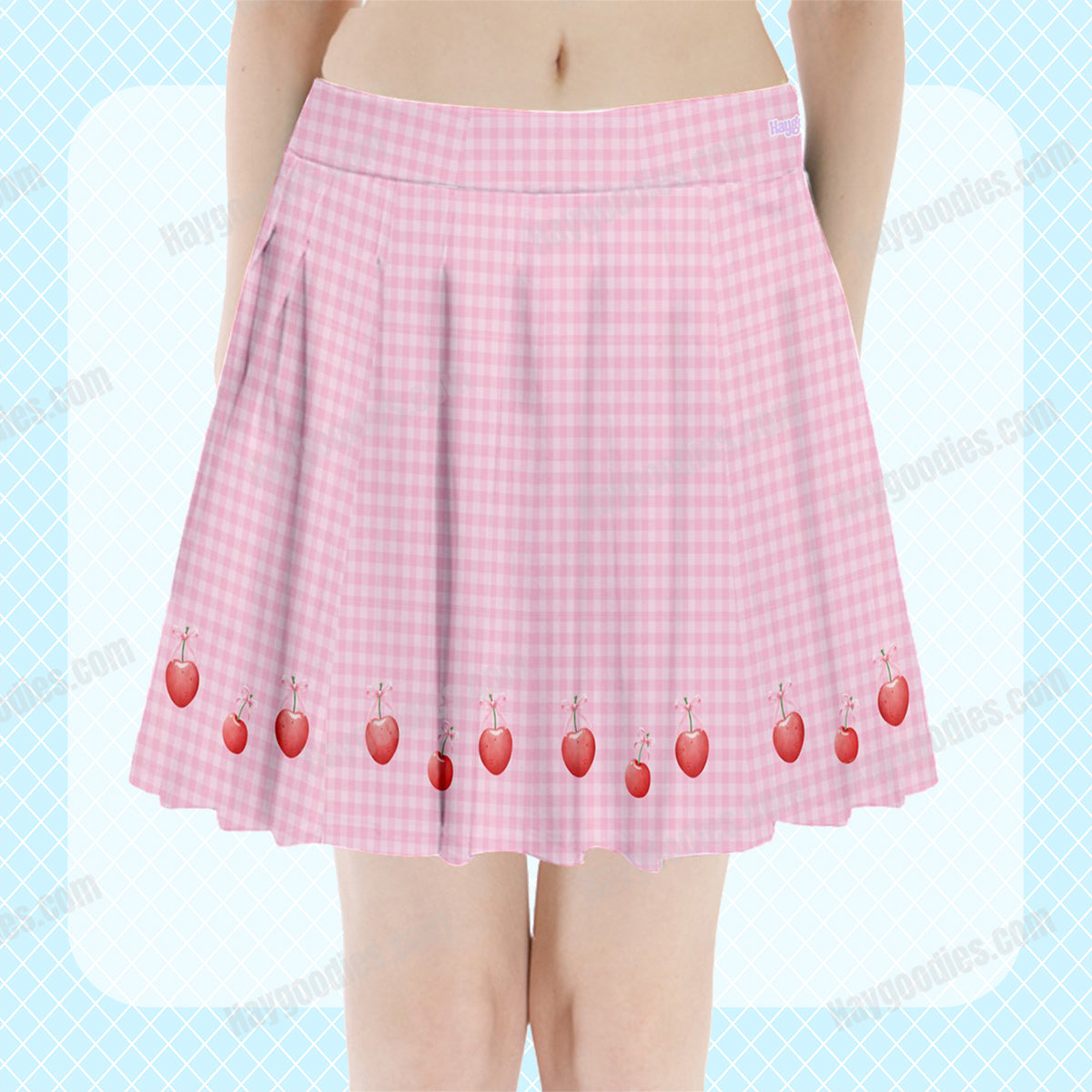 Cherries and Pink Gingham Pleated Mini Skirt-XS to 3XL
