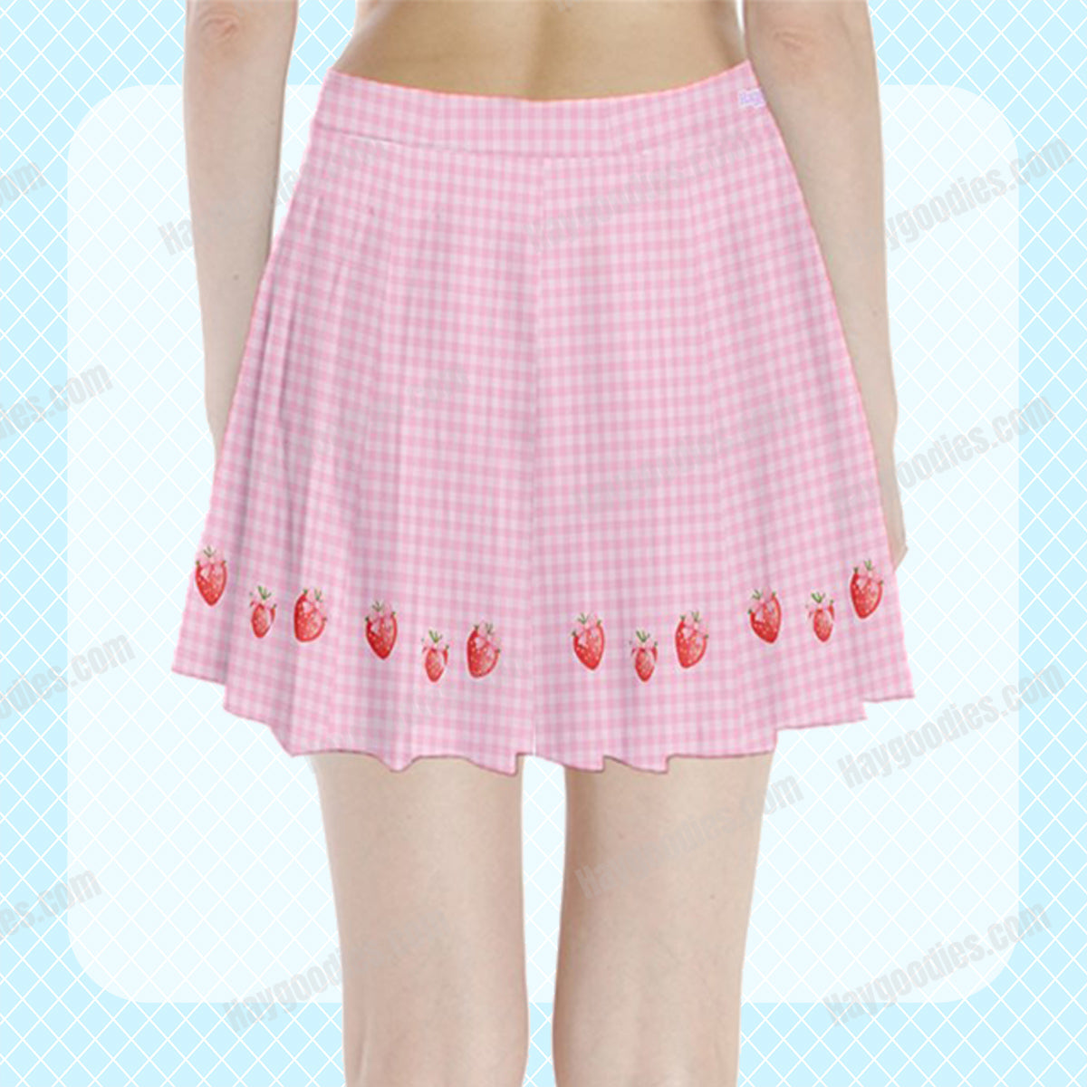 Strawberry and Pink Gingham Pattern Pleated Mini Skirt-XS to 3XL