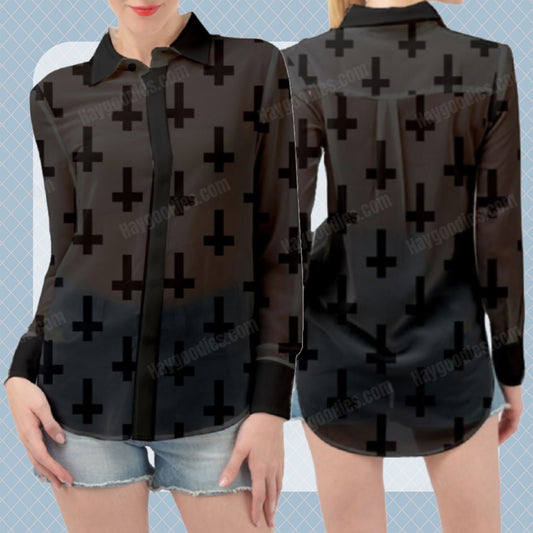 Black Upside Down Cross Pattern Long Sleeve Chiffon Shirt-XS to 5XL