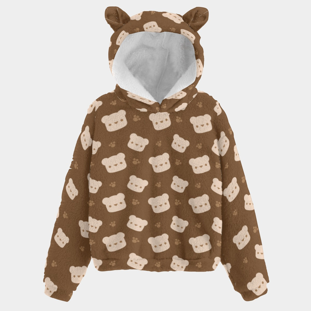 Cute Teddy Bear Pattern Kids Soft Fleece Sweatshirt With Ears-Brown