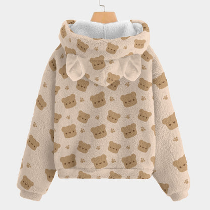 Cute Teddy Bear Pattern Kids Soft Fleece Sweatshirt With Ears-Cream
