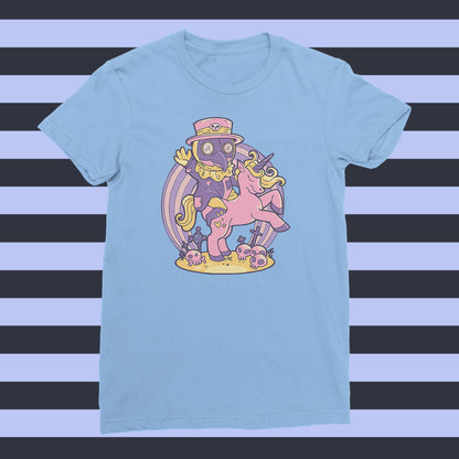 Cute Plague Doctor on his Unicorn Ladies Fit T-shirt