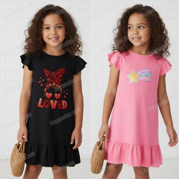 Customizable Girls Flutter Sleeve Dress - Pink or Black