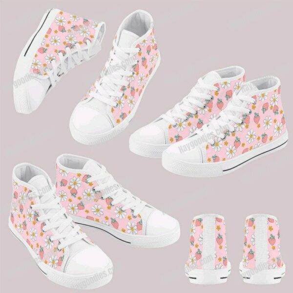 Cute Pink Strawberry and Daisies Kids High Top Canvas Shoes
