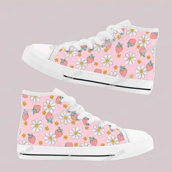 Cute Pink Strawberry and Daisies Kids High Top Canvas Shoes