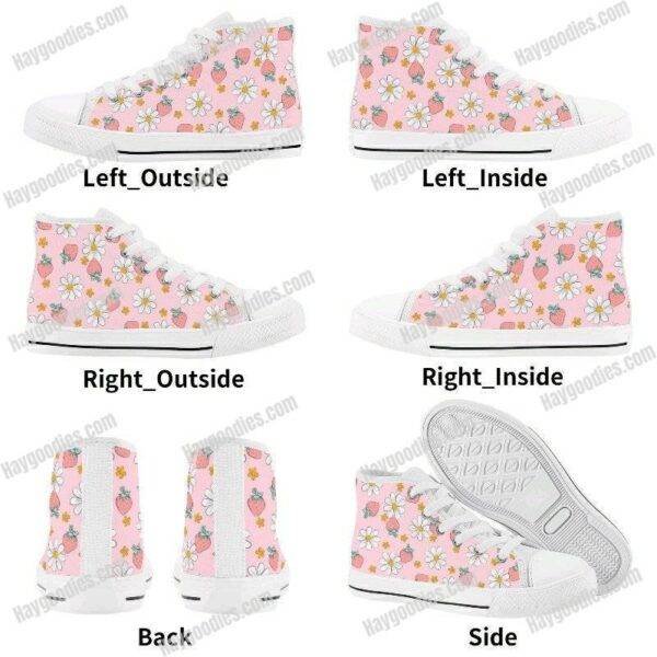 Cute Pink Strawberry and Daisies Kids High Top Canvas Shoes