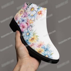 Custom Made Pastel Gerberas Flowers Suede Ankle Zipper Boots