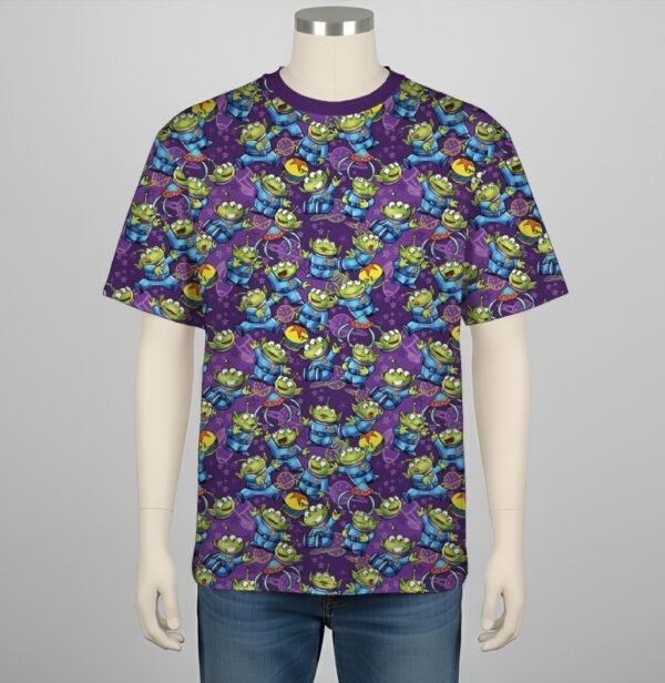 Toy Story Aliens t-shirt all-over pattern purple background unisex