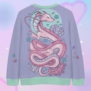 cardigan-back-dragon Pastel Dragon Cardigan – Unisex Oversized Button-Up Cardigan S–7XL – Green and Purple
