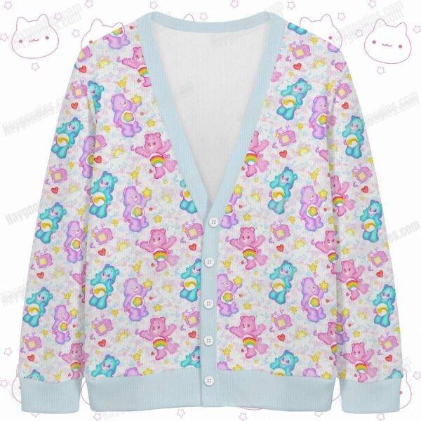carebears-blue-cardigan-fr.jpg Care Bears pattern cardigan pastel blue trim oversized knit sweater