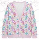 Care Bears pattern cardigan pastel pink trim oversized knit sweater