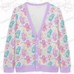 Care Bears pattern cardigan pastel purple trim oversized knit sweater